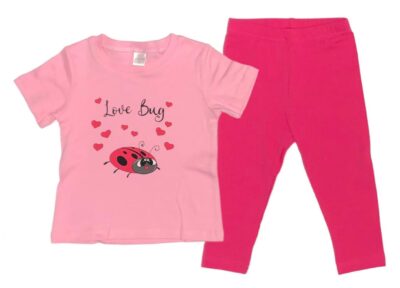 The most lovable Ladybug for your LOVE BUG! Cute Baby Girl Love Bug Ladybug Design on Perfectly Pink Onesie or T-shirt with Dark Pink Leggings. Tops 100% cotton, Leggings 95/5 cotton/poly. 2-Piece Set Options: Onesie and Leggings Set sizes 3 to 18 months T-shirt and Leggings Set sizes 18 to 36 months