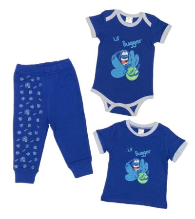 Your Lil' Bugger will be Glowing with CUTEness in this Matching Set on Royal Blue with Light Blue Hem and Laughing Green Glow Bug and Lil' Bugger. Custom printed Royal Blue Pants with laughing Glow Bugs. 100% Cotton. 2-Piece Set Options: Onesie and Pants Set sizes 3 to 18 months T-shirt and Pants Set sizes 18 to 36 months