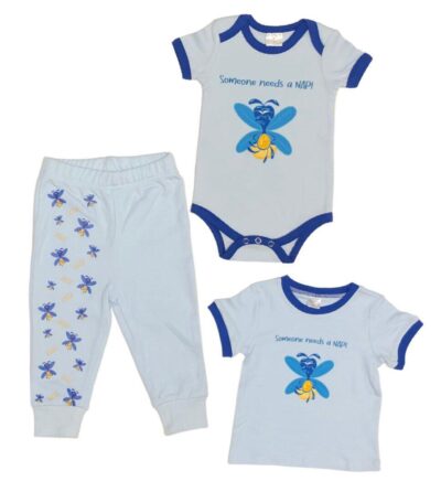 Someone Needs a Nap! Matching top and bottom 2-Piece Sets in either Onesie or T-shirt with matching sweatpants. Cute Baby Boy Glow Bug with Grumpy Face and "Someone Needs a Nap!" on Light Blue with Dark Blue Hem and matching Light Blue Sweatpants with Grumpy Face Glow Bugs. 100% Cotton. 2-Piece Set Options: Onesie and Pants Set sizes 3 to 18 months T-shirt and Pants Set sizes 18 to 36 months