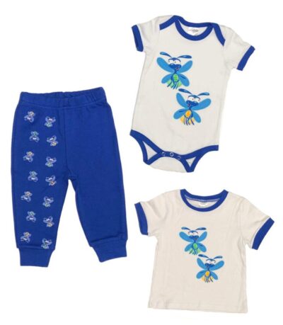 Cute Glow Bugs looking for Fun! Matching top and bottom 2-Piece Sets in either Onesie or T-shirt with matching sweatpants. Cute Baby Boy Glow Bugs in blue with bright Orange and Green glows, with Side Eyes on White with matching Dark Blue custom printed Sweatpants. 100% Cotton. 2-Piece Set Options: Onesie and Pants Set sizes 3 to 18 months T-shirt and Pants Set sizes 18 to 36 months