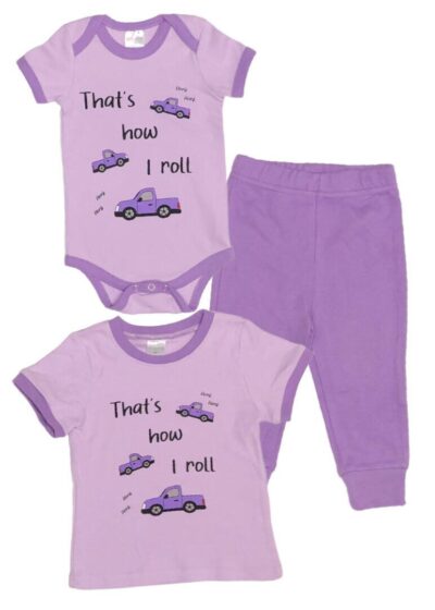 That's How Baby Girls Roll in a 2-Piece Set. Purple Onesie or T-shirt with matching Purple Sweatpants. 100% Cotton. 2-Piece Options: Onesie and Pants Set sizes 3 to 18 months T-shirt and Pants Set sizes 18 to 36 months